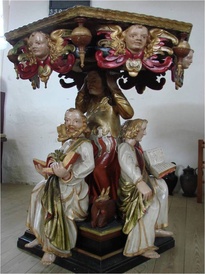 1636 Hans Nielson, Døbefont med evangelister, Nr. Åby, Middelfart, ClausPicture1
