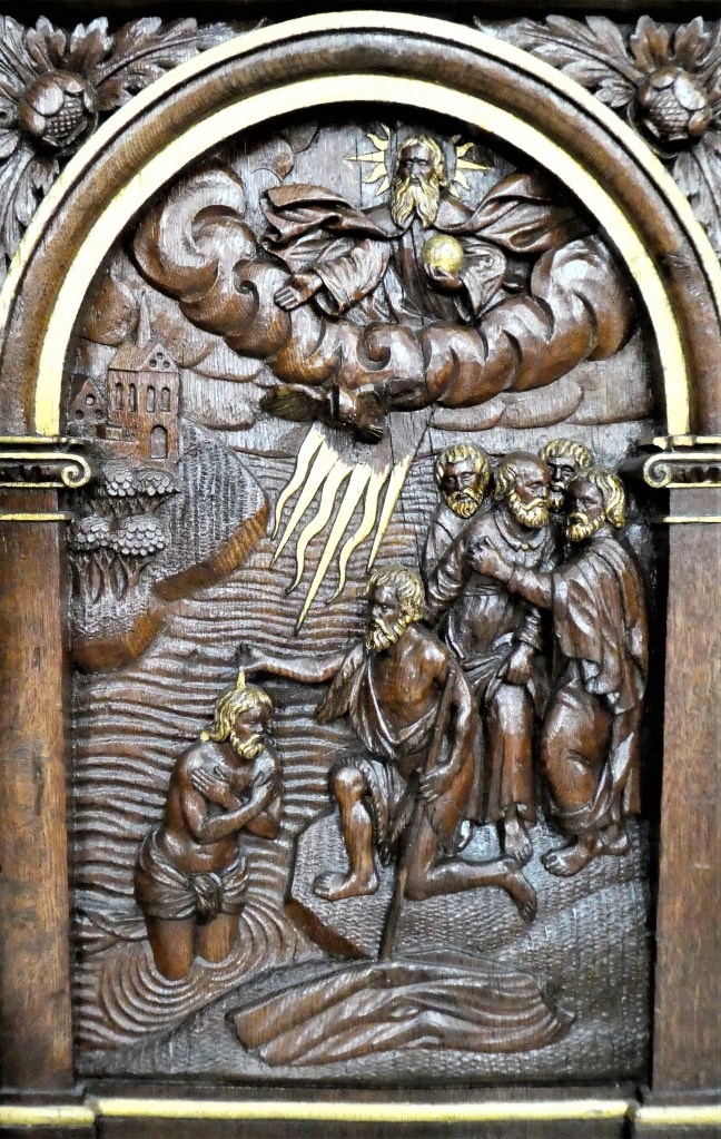 1695 Lauritz Jensen, Essenbæk, relief blandt mange dåbsrelaterede motiver i fontelukket i Sct. Mortens, Randers Claus P1120023