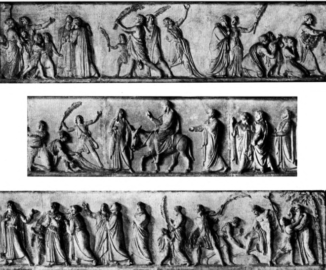 1840 Thorvaldens gipsskitse opmodelleret af Freunds elever under opsyn af H E Freund og Thorvaldsen, hovedportal, facade Vor frue.png