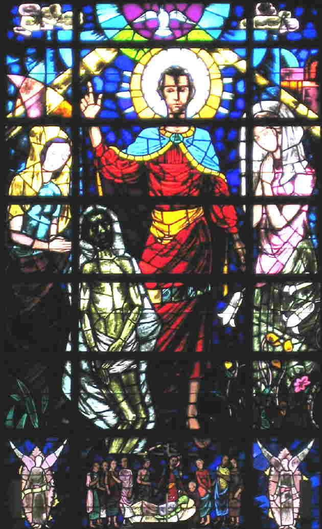 1952 Paul Henrik Jensen Lazarus opv. Glasmosaikrude altervæg Grøndalslund